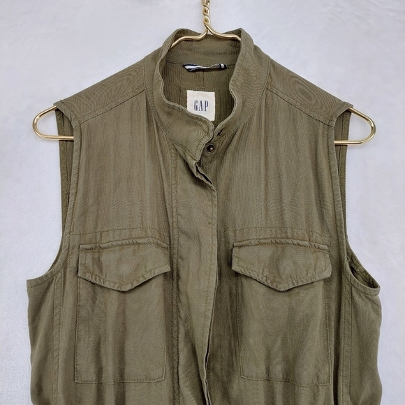 Gap Olive Green Drawstring Snaps Flap Pockets Casual Army Vest Z9 - Picture 2 of 7